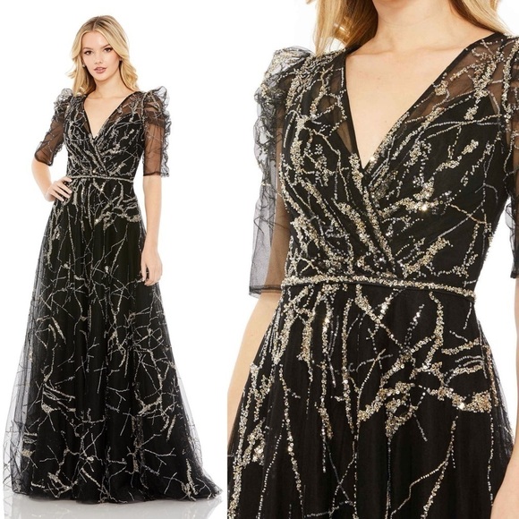NEW $798 MAC DUGGAL 20428BLACK EMBELLISHED PUFF SLEEVE FULL LENGTH GOWN Sz 18